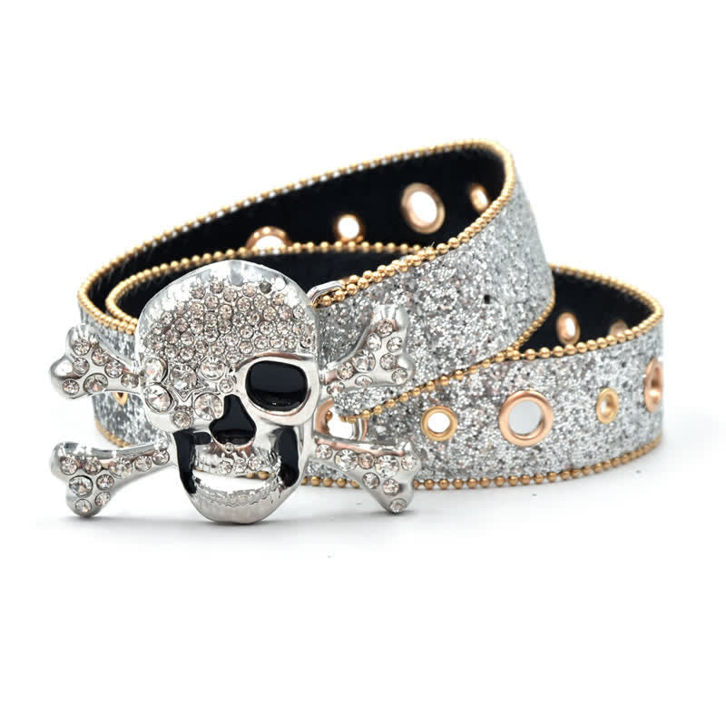 Cintura in pelle con paillettes e fibbia a forma di teschio e perline dorate - Argento - 34 - image 6