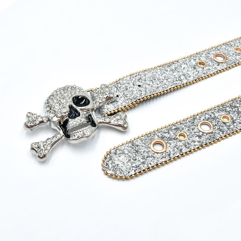 Cintura in pelle con paillettes e fibbia a forma di teschio e perline dorate - image 7