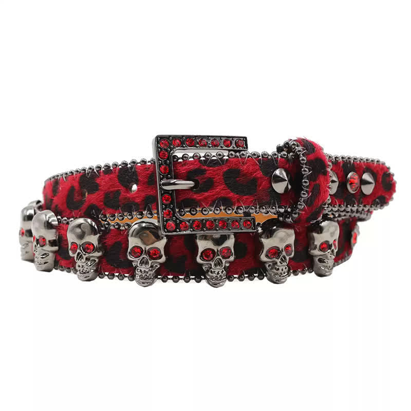 Cintura in pelle con stampa leopardata e rivetti a forma di teschio gotico - Rosso - 40 - image 0