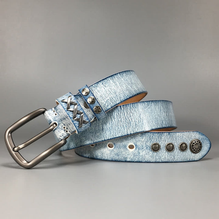 Cintura in pelle retrò con rivetti blu argento e bianco vecchio - image 4