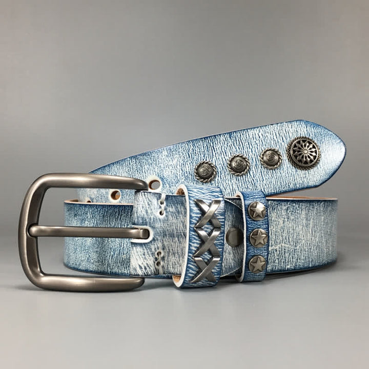Cintura in pelle retrò con rivetti blu argento e bianco vecchio - image 6