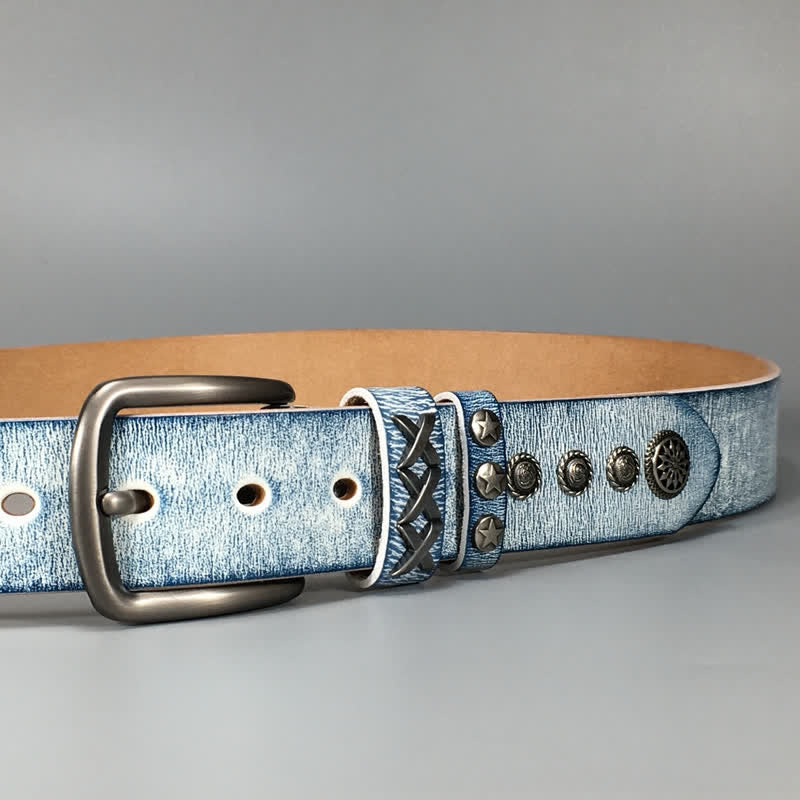 Cintura in pelle retrò con rivetti blu argento e bianco vecchio - image 7