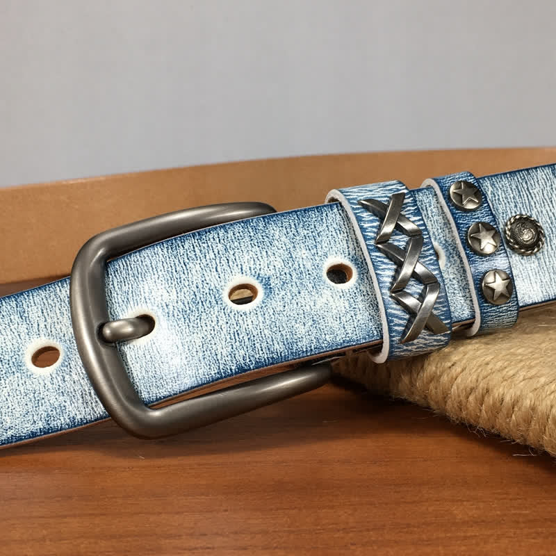 Cintura in pelle retrò con rivetti blu argento e bianco vecchio - image 8