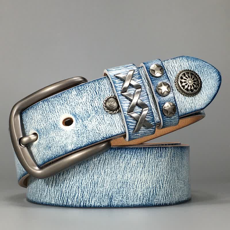 Cintura in pelle retrò con rivetti blu argento e bianco vecchio - Blu - 44 - image 0
