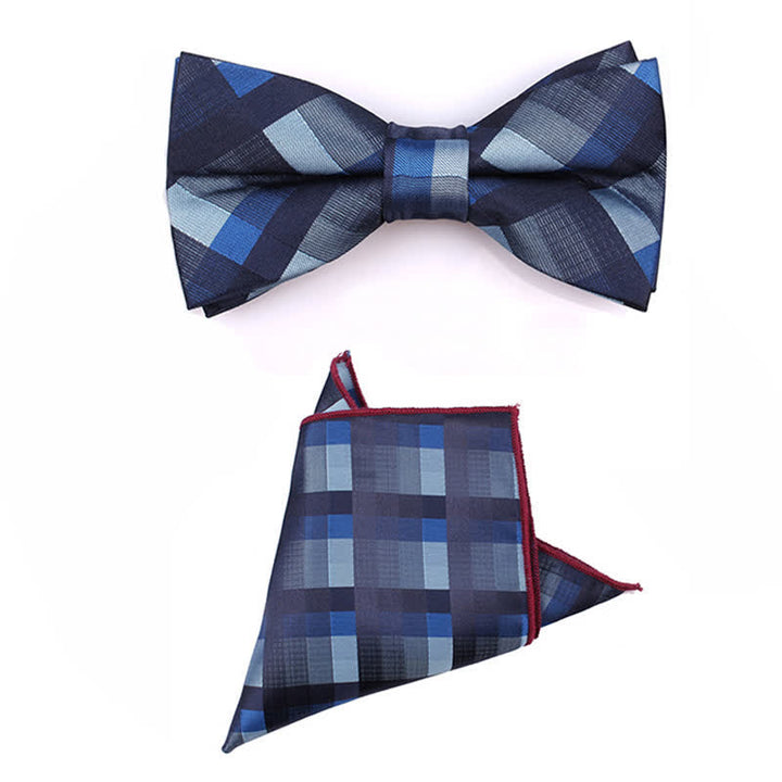 Cravatta stretta a quadri moderna casual da uomo - Blu - Papillon + fazzoletto - image 18
