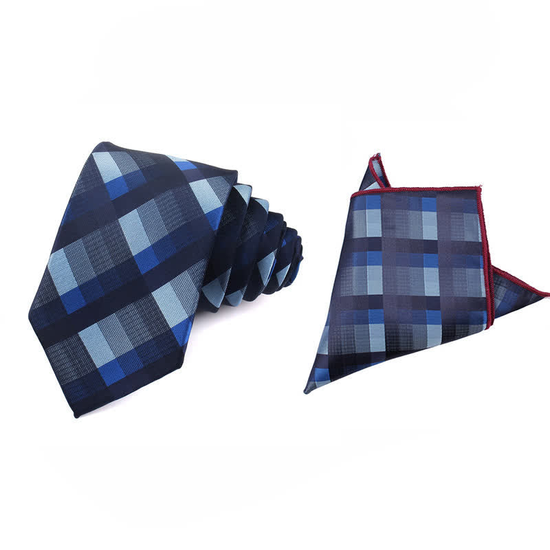 Cravatta stretta a quadri moderna casual da uomo - Blu - Cravatta + Fazzoletto - image 17