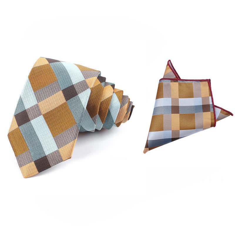 Cravatta stretta a quadri moderna casual da uomo - Cachi - Cravatta + Fazzoletto - image 42