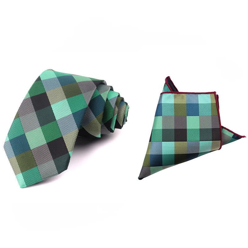 Cravatta stretta a quadri moderna casual da uomo - Verde - Cravatta + Fazzoletto - image 32