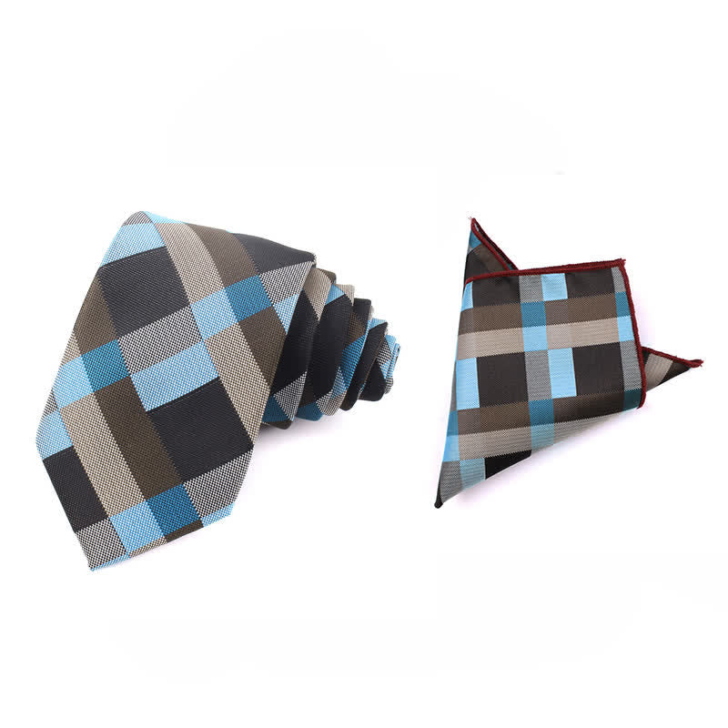Cravatta stretta a quadri moderna casual da uomo - Azzurro cielo - Cravatta + Fazzoletto - image 37