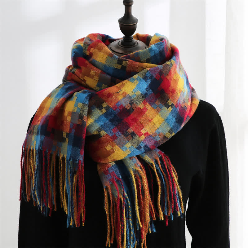 Sciarpa morbida unisex multicolore a forma di puzzle con frange - Rosso e blu - image 1