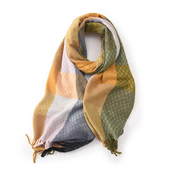 Sciarpa unisex con frange eleganti a quadri e colori contrastanti - Cachi - image 5