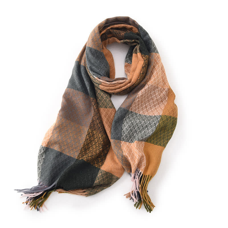 Sciarpa unisex con frange eleganti a quadri e colori contrastanti - Cachi scuro - image 7