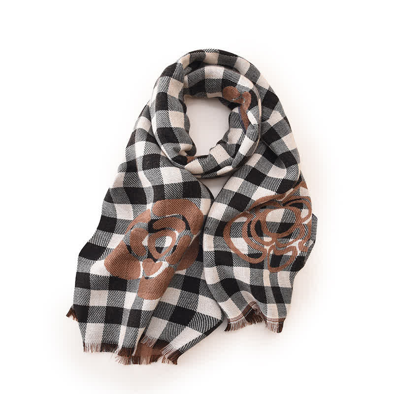 Sciarpa unisex con stampa floreale grande e nappe a quadri - image 5