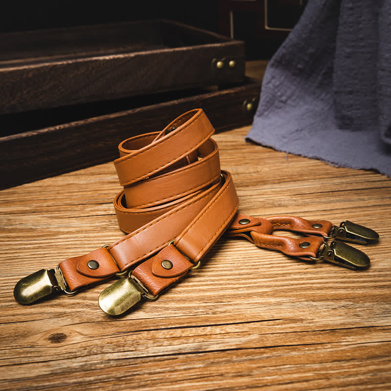 Bretelle regolabili in pelle vintage marrone chiaro - image 1