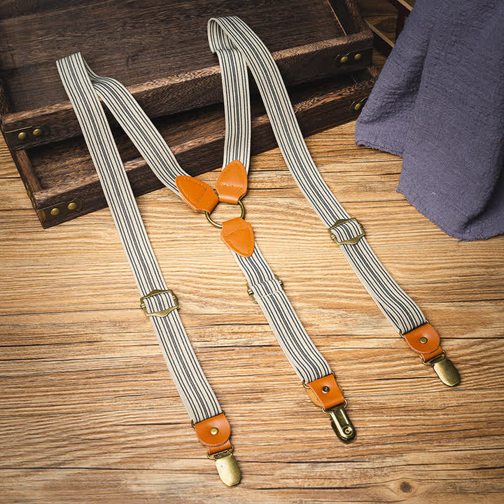 Bretelle elastiche vintage a Y con strisce marrone chiaro - Bianco e marrone - image 0