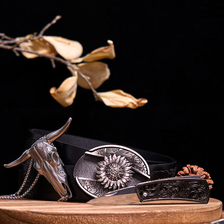 Gadget Western fai da te, fibbia per coltello nascosto, ciondolo a forma di toro Longhorn - Girasole - Cintura con aquila in rilievo nera - 40 - image 3