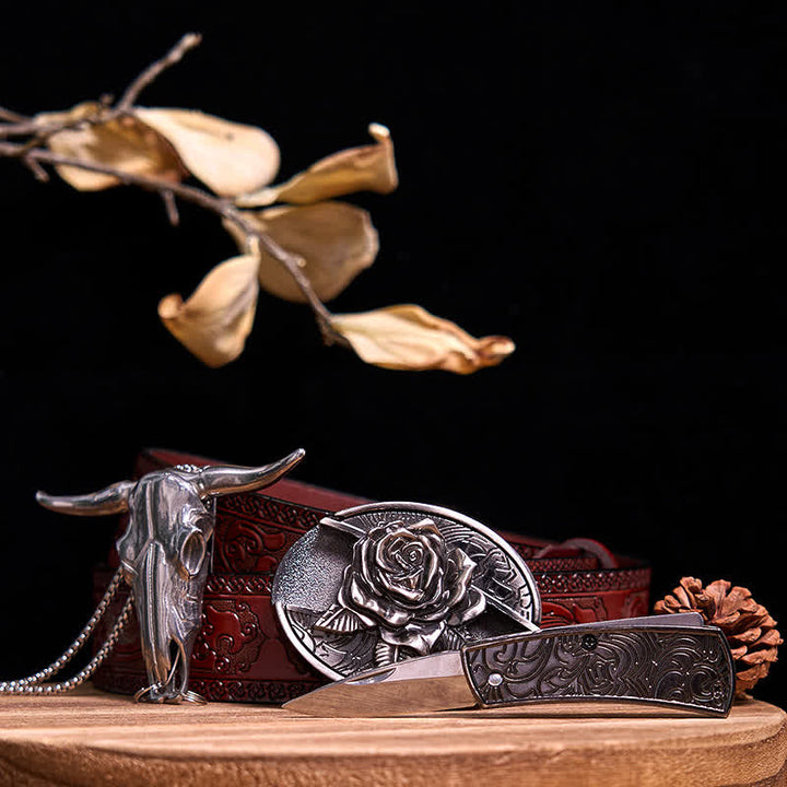 Gadget Western fai da te, fibbia per coltello nascosto, ciondolo a forma di toro Longhorn - Rosa - Cintura marrone intagliata - 40 - image 25
