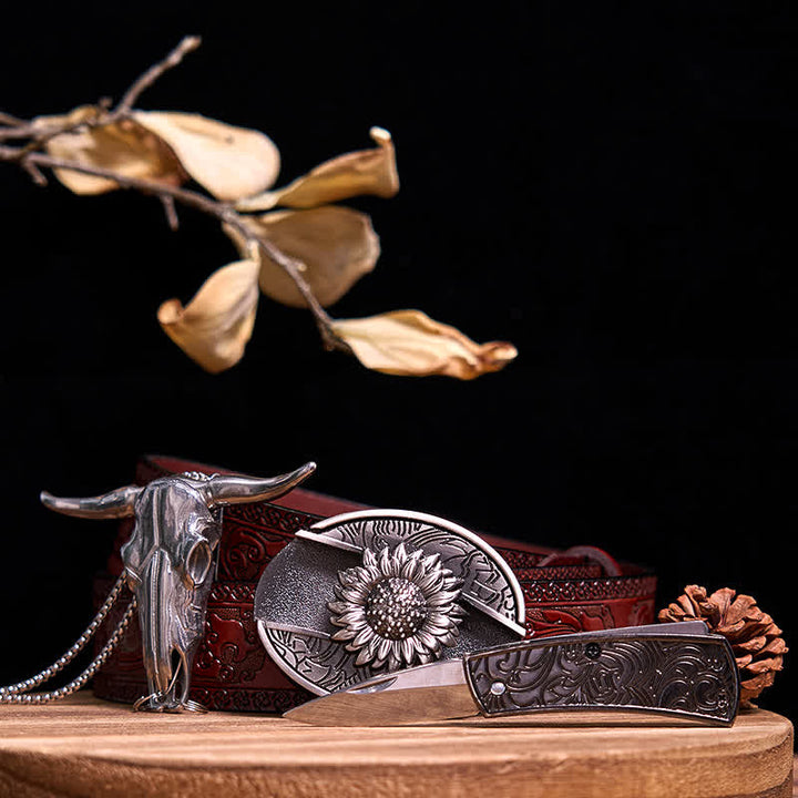 Gadget Western fai da te, fibbia per coltello nascosto, ciondolo a forma di toro Longhorn - Girasole - Cintura marrone intagliata - 40 - image 7