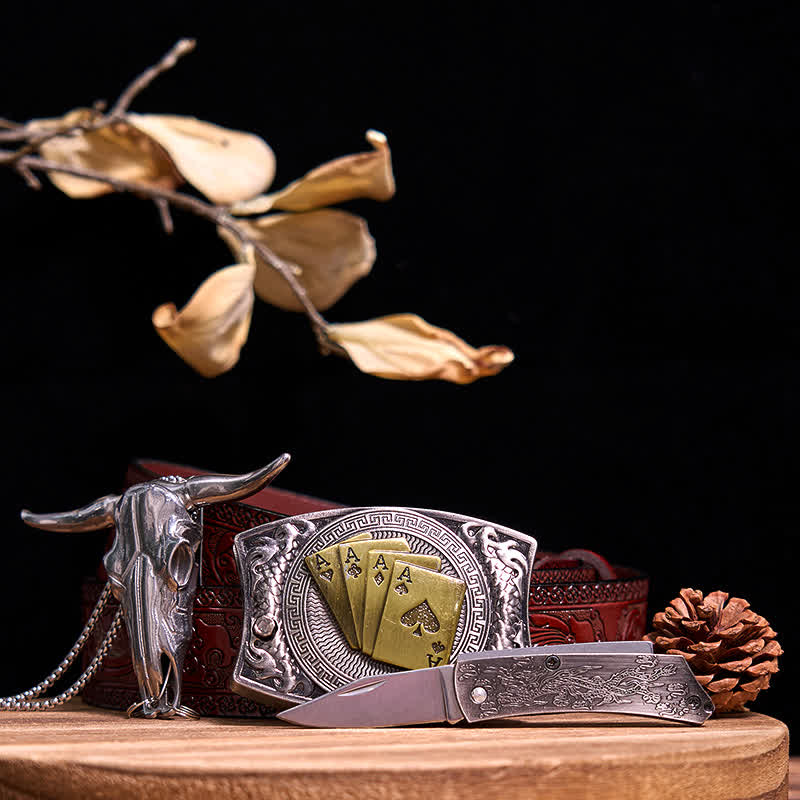 Gadget Western fai da te, fibbia per coltello nascosto, ciondolo a forma di toro Longhorn - Poker d'oro - Cintura marrone intagliata - 40 - image 76