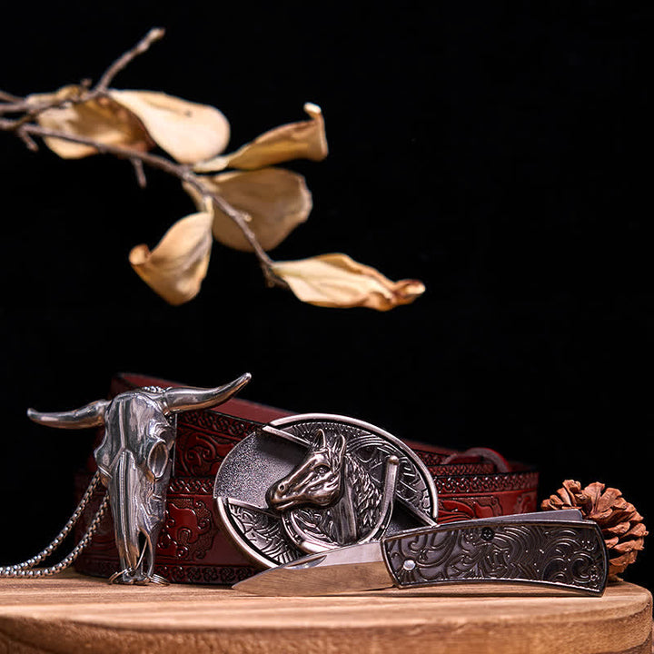Gadget Western fai da te, fibbia per coltello nascosto, ciondolo a forma di toro Longhorn - Cavallo - Cintura marrone intagliata - 40 - image 43