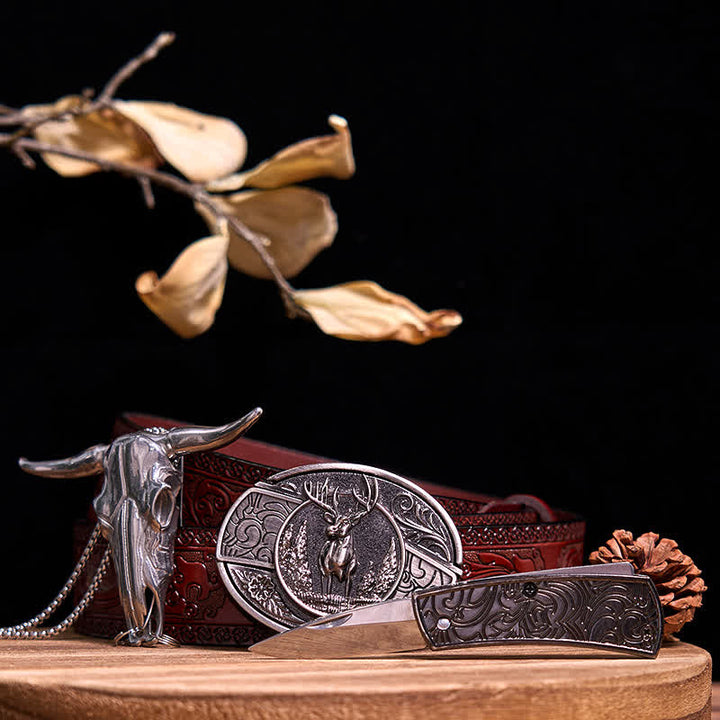 Gadget Western fai da te, fibbia per coltello nascosto, ciondolo a forma di toro Longhorn - Cervo - Cintura marrone intagliata - 40 - image 19