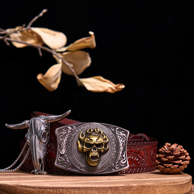 Gadget Western fai da te, fibbia per coltello nascosto, ciondolo a forma di toro Longhorn - Teschio d'oro - Cintura marrone intagliata - 40 - image 70