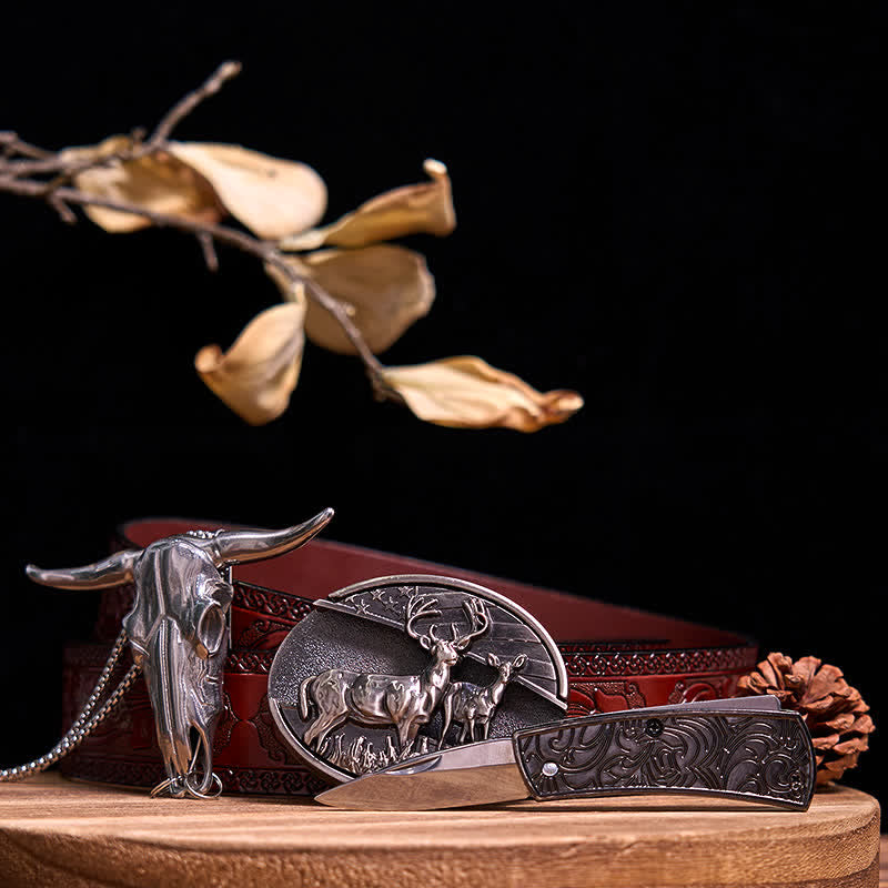 Gadget Western fai da te, fibbia per coltello nascosto, ciondolo a forma di toro Longhorn - Cervi doppi - Cintura marrone intagliata - 40 - image 13