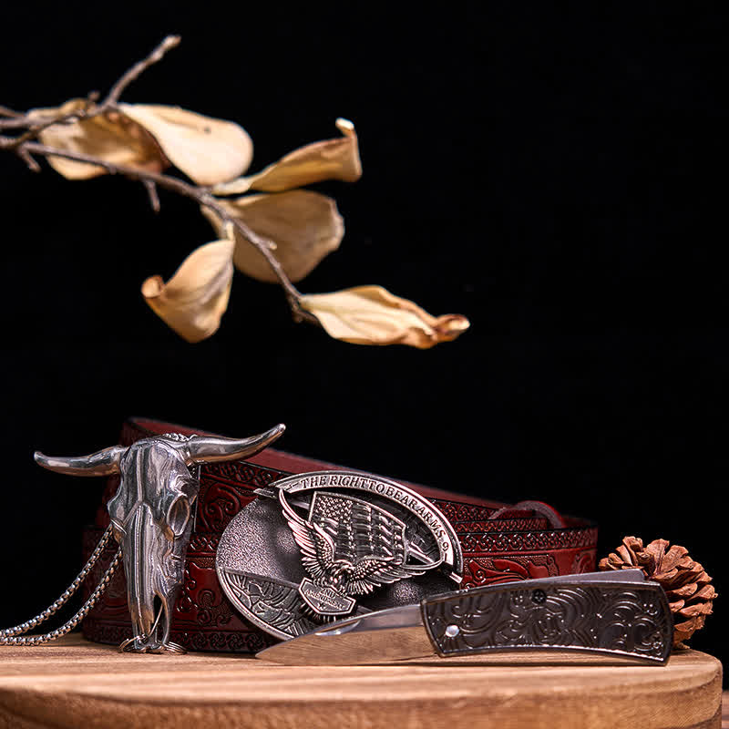 Gadget Western fai da te, fibbia per coltello nascosto, ciondolo a forma di toro Longhorn - Aquila - Cintura marrone intagliata - 40 - image 31