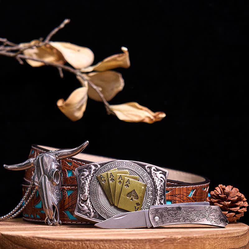 Gadget Western fai da te, fibbia per coltello nascosto, ciondolo a forma di toro Longhorn - Poker d'oro - Cintura intagliata turchese - 40 - image 73
