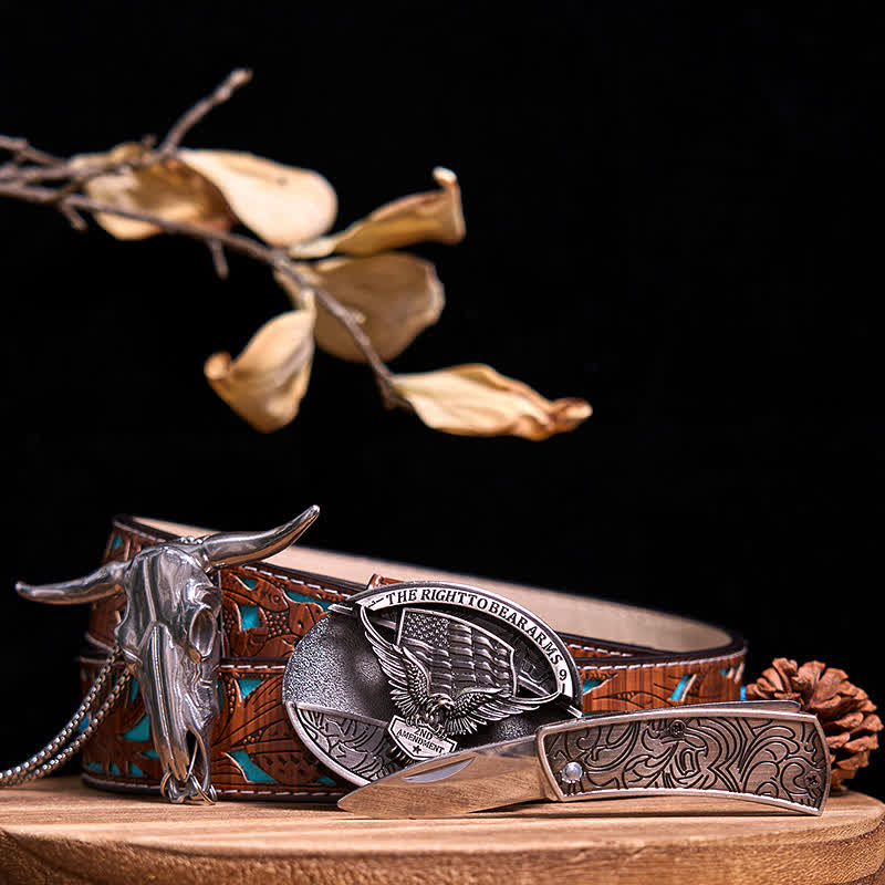 Gadget Western fai da te, fibbia per coltello nascosto, ciondolo a forma di toro Longhorn - Aquila - Cintura intagliata turchese - 40 - image 28