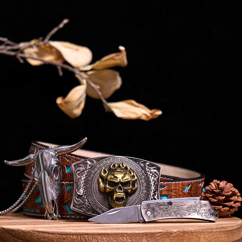 Gadget Western fai da te, fibbia per coltello nascosto, ciondolo a forma di toro Longhorn - Teschio d'oro - Cintura intagliata turchese - 40 - image 67