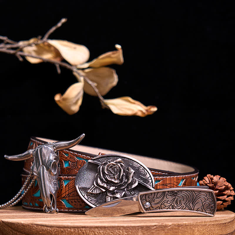 Gadget Western fai da te, fibbia per coltello nascosto, ciondolo a forma di toro Longhorn - Rosa - Cintura intagliata turchese - 40 - image 22