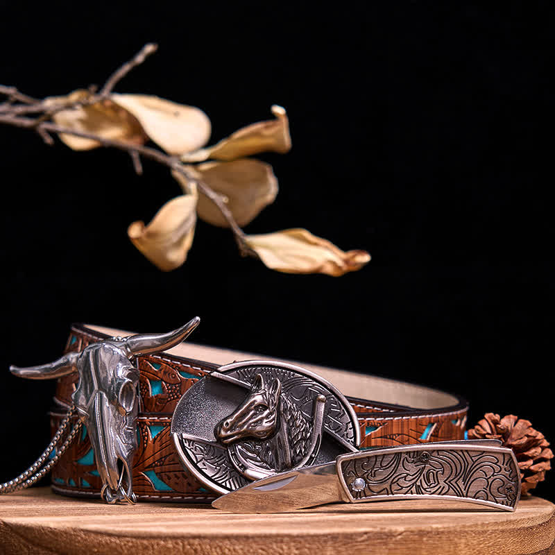 Gadget Western fai da te, fibbia per coltello nascosto, ciondolo a forma di toro Longhorn - Cavallo - Cintura intagliata turchese - 40 - image 40