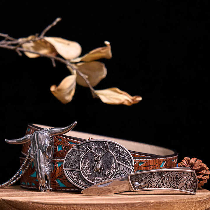 Gadget Western fai da te, fibbia per coltello nascosto, ciondolo a forma di toro Longhorn - Cervo - Cintura intagliata turchese - 40 - image 16