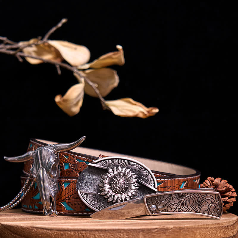 Gadget Western fai da te, fibbia per coltello nascosto, ciondolo a forma di toro Longhorn - Girasole - Cintura intagliata turchese - 40 - image 4
