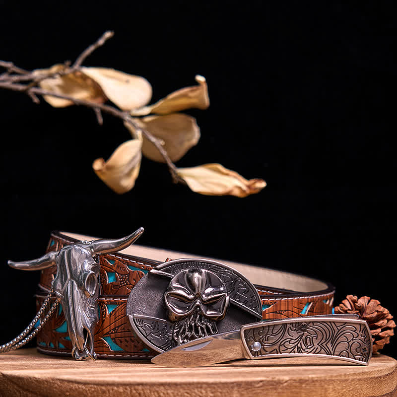 Gadget Western fai da te, fibbia per coltello nascosto, ciondolo a forma di toro Longhorn - Cranio - Cintura intagliata turchese - 40 - image 60