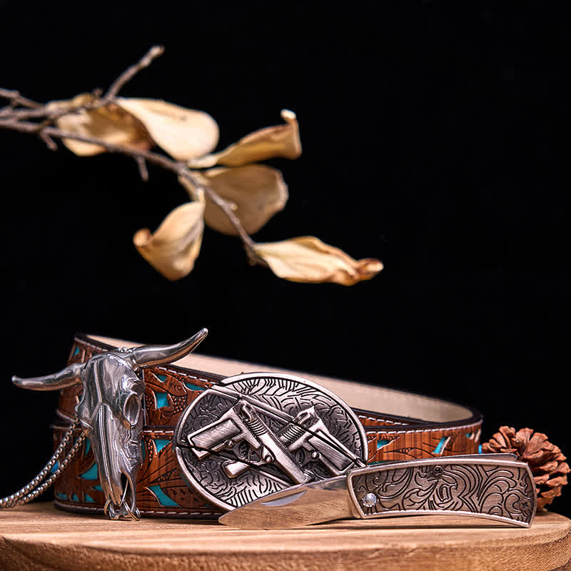Gadget Western fai da te, fibbia per coltello nascosto, ciondolo a forma di toro Longhorn - Pistole doppie - Cintura intagliata turchese - 40 - image 46