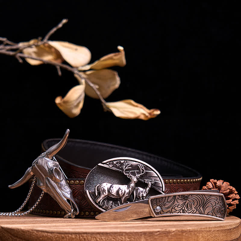 Gadget Western fai da te, fibbia per coltello nascosto, ciondolo a forma di toro Longhorn - Cervi doppi - Cintura con rivetti marroni - 40 - image 11