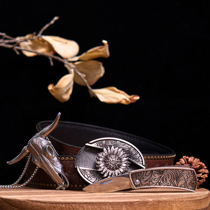 Gadget Western fai da te, fibbia per coltello nascosto, ciondolo a forma di toro Longhorn - Girasole - Cintura con rivetti marroni - 40 - image 5