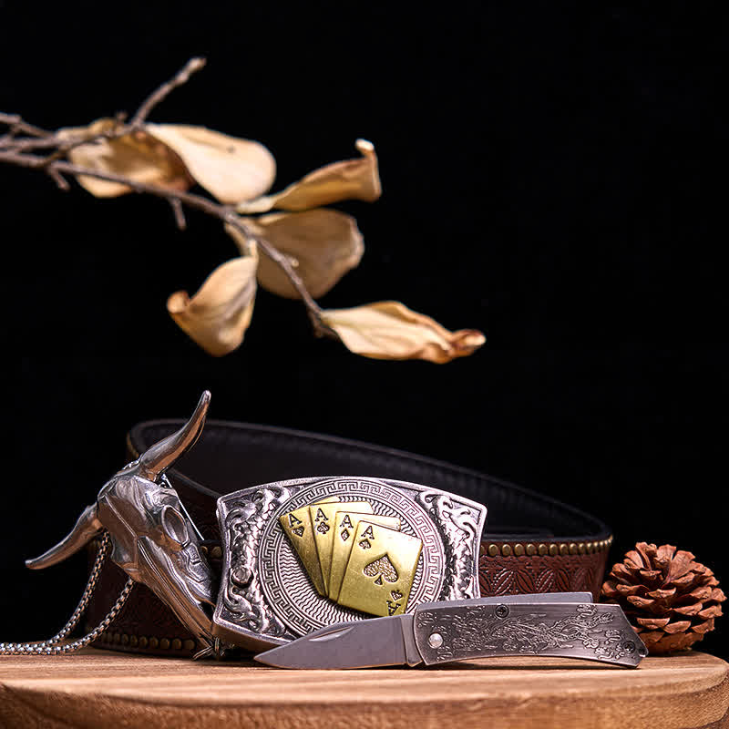Gadget Western fai da te, fibbia per coltello nascosto, ciondolo a forma di toro Longhorn - Poker d'oro - Cintura con rivetti marroni - 40 - image 74