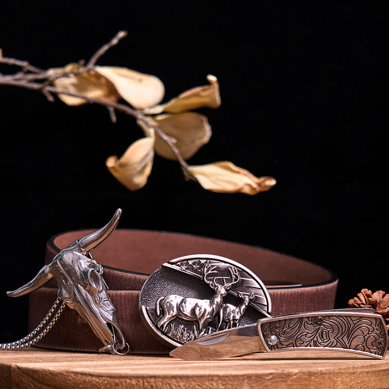 Gadget Western fai da te, fibbia per coltello nascosto, ciondolo a forma di toro Longhorn - Cervi doppi - Cintura marrone anticata - 40 - image 12