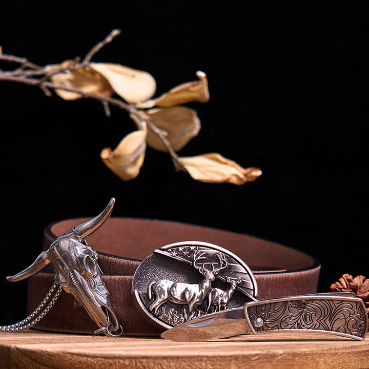 Gadget Western fai da te, fibbia per coltello nascosto, ciondolo a forma di toro Longhorn - Cervi doppi - Cintura marrone anticata - 40 - image 12
