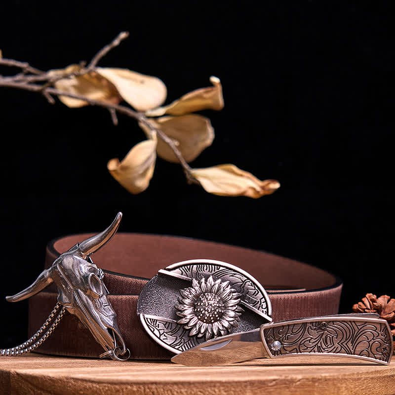 Gadget Western fai da te, fibbia per coltello nascosto, ciondolo a forma di toro Longhorn - Girasole - Cintura marrone anticata - 40 - image 6