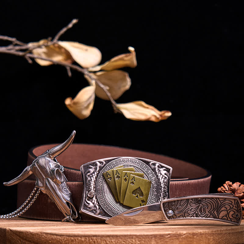 Gadget Western fai da te, fibbia per coltello nascosto, ciondolo a forma di toro Longhorn - Poker d'oro - Cintura marrone anticata - 40 - image 75