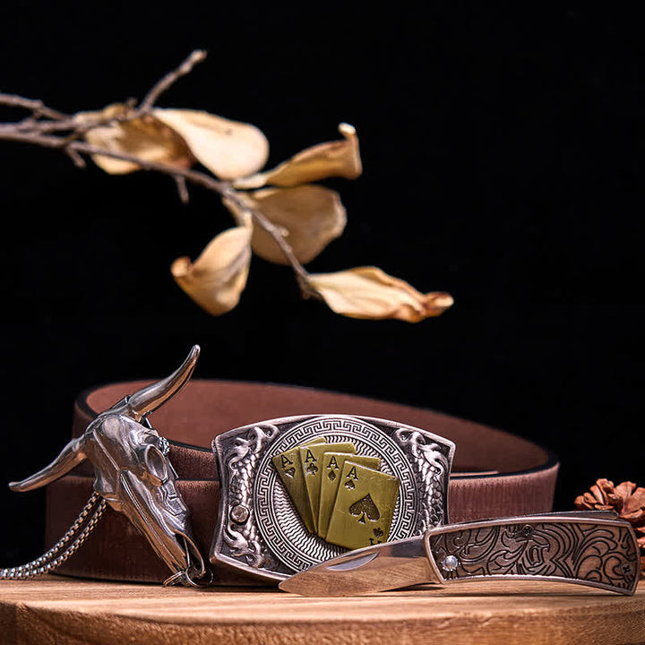 Gadget Western fai da te, fibbia per coltello nascosto, ciondolo a forma di toro Longhorn - Poker d'oro - Cintura marrone anticata - 40 - image 75