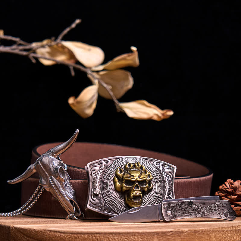 Gadget Western fai da te, fibbia per coltello nascosto, ciondolo a forma di toro Longhorn - Teschio d'oro - Cintura marrone anticata - 40 - image 69