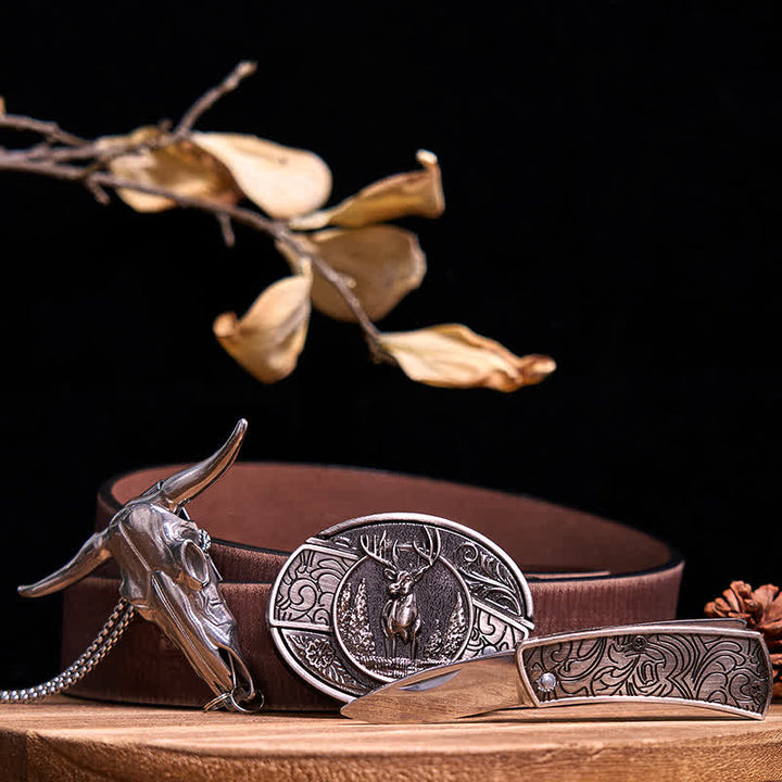 Gadget Western fai da te, fibbia per coltello nascosto, ciondolo a forma di toro Longhorn - Cervo - Cintura marrone anticata - 40 - image 18