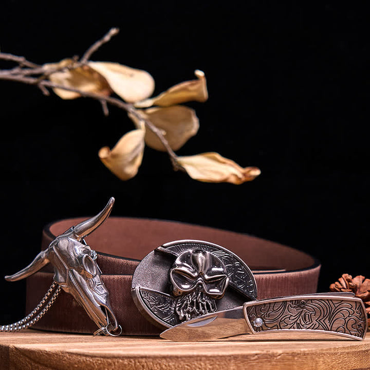 Gadget Western fai da te, fibbia per coltello nascosto, ciondolo a forma di toro Longhorn - Cranio - Cintura marrone anticata - 40 - image 62