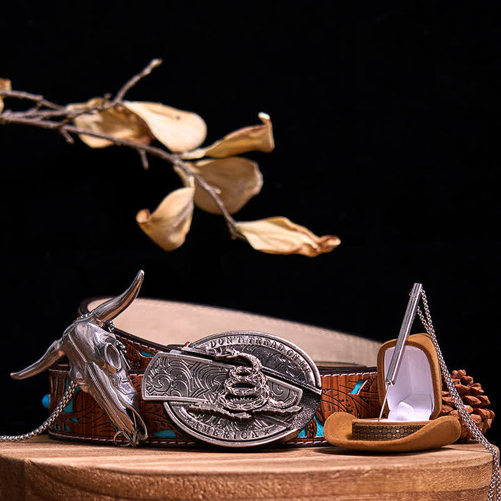 Set di collana con ciondolo a forma di toro con corna di cervo, fibbia a serpente e coltello nascosto fai da te - 3 pezzi - Cintura intagliata turchese - 42 - image 7