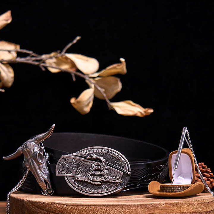 Set di collana con ciondolo a forma di toro con corna di cervo, fibbia a serpente e coltello nascosto fai da te - 3 pezzi - Cintura con aquila in rilievo nera - 42 - image 6